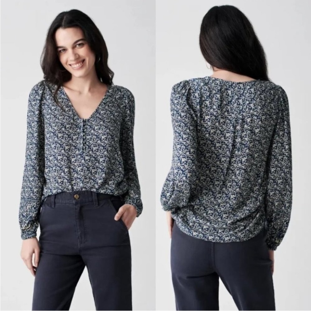 Faherty Amelia Floral Blouse V Neck 1/4 Button Sz Small